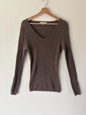 The Cashmere Project Brown Ribbed Knit Long Sleeve V-Neck Sweater Size Large